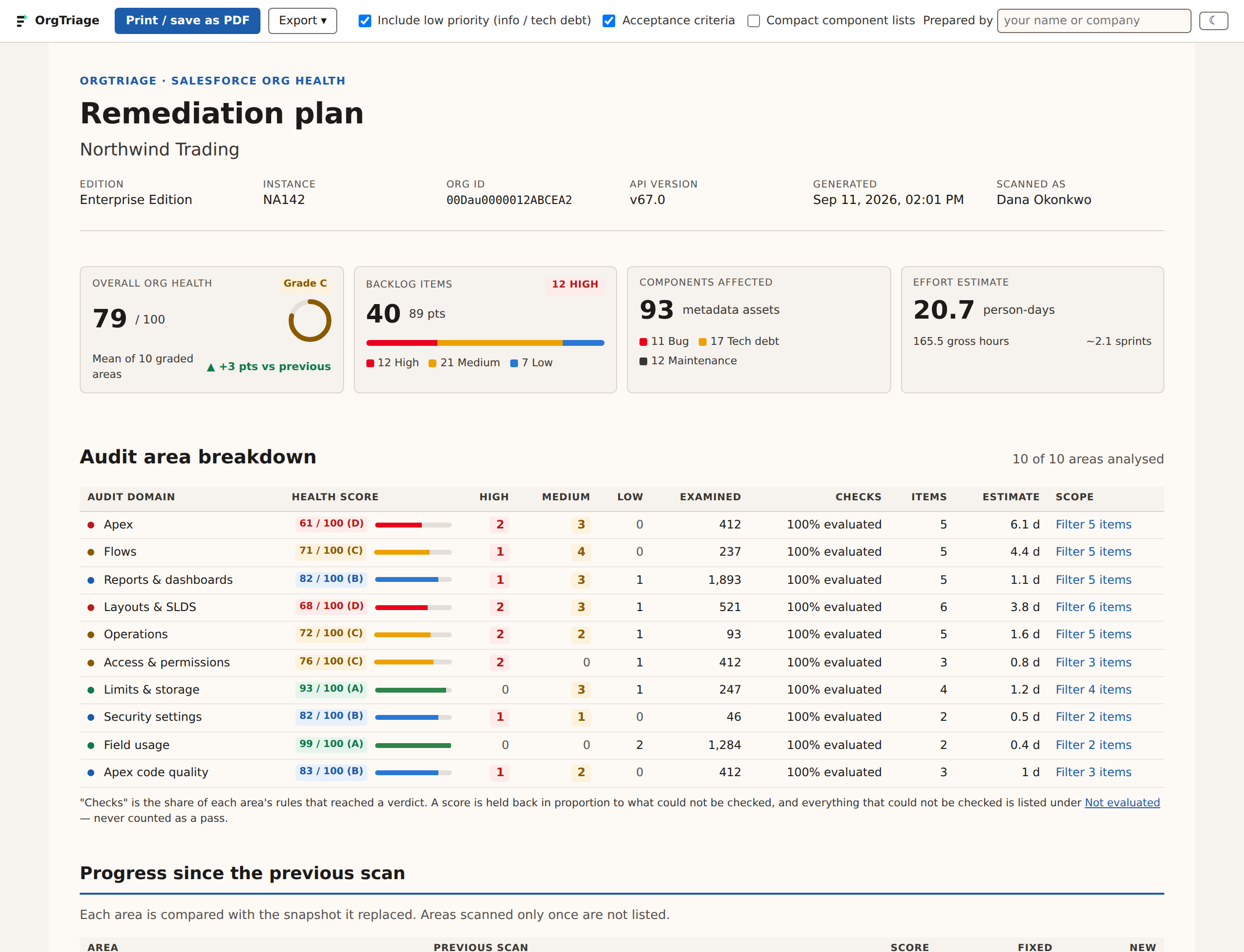 The remediation plan: backlog items with steps, acceptance criteria and estimates, exported to Markdown, CSV or Jira.